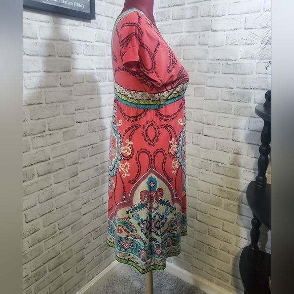 Style & Co V-Neck Short Sleeve Boho Dress Size PS.  Teal, Orange, Yellow, Green - Picture 3 of 8